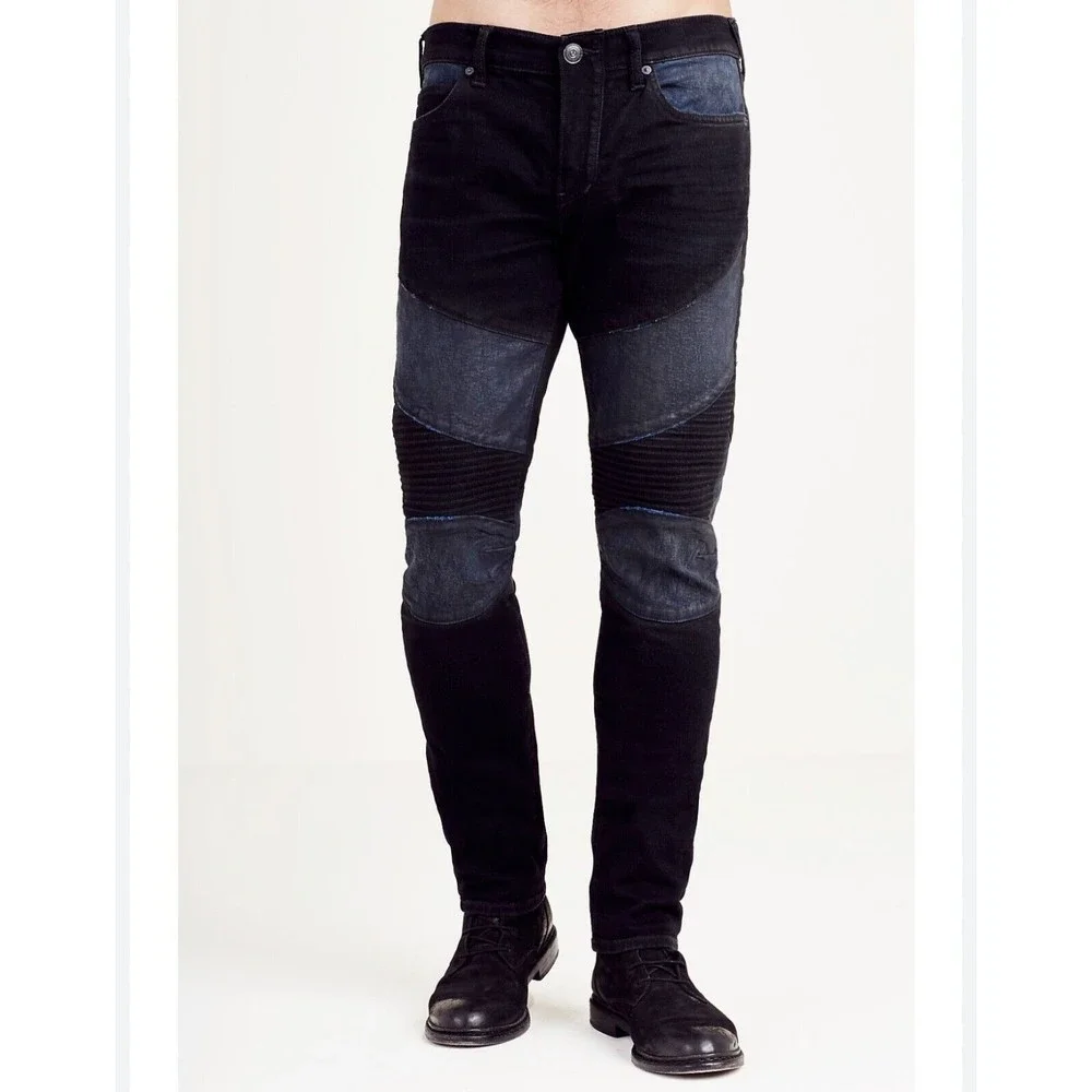 True Religion Mens 40x33 Rocco Relaxed Skinny blue black Moto Denim Jeans‎